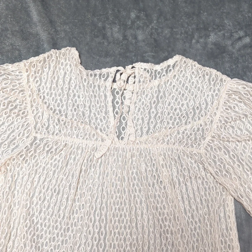 Zara Sheer Ivory Lace Romantic Cottagecore Flirty Balloon Sleeve Top Size Large